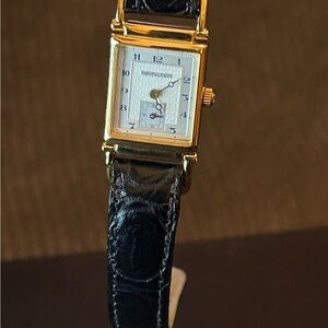 Hamilton 18 K Gold plated Rectangular Watch with Black Leather Strap